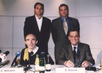 Karl-Heinz Kalbfell, in his marketing role, is seen here with the prime movers in the Williams-BMW Formula 1 project: Gerhard Berger, BMW's Director of Motorsport, Technical Director Paul Rosche & Williams team owner, Sir Frank Williams.