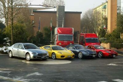 The two Ferraris and two Maseratis ready to embarth on the Russian Tour