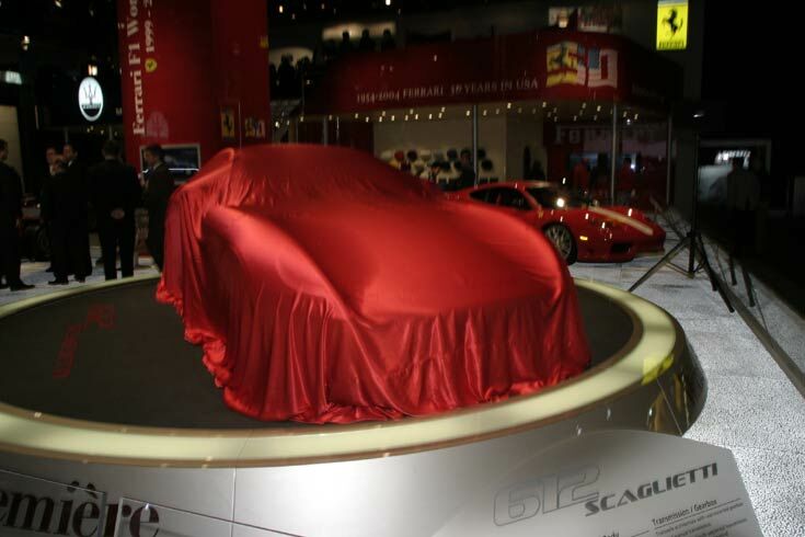 The Ferrari 612 Scaglietti awaits its unveiling at the 2004 Detroit Motor Show