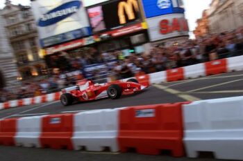 Luca Badoer with the Ferrari F2003-GA on the streets of London