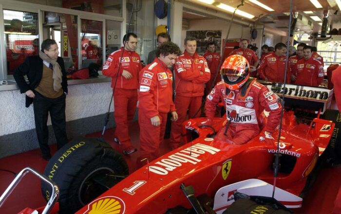 Michael Schumacher gives the new Ferrari F2004 its track debut at Fiorano