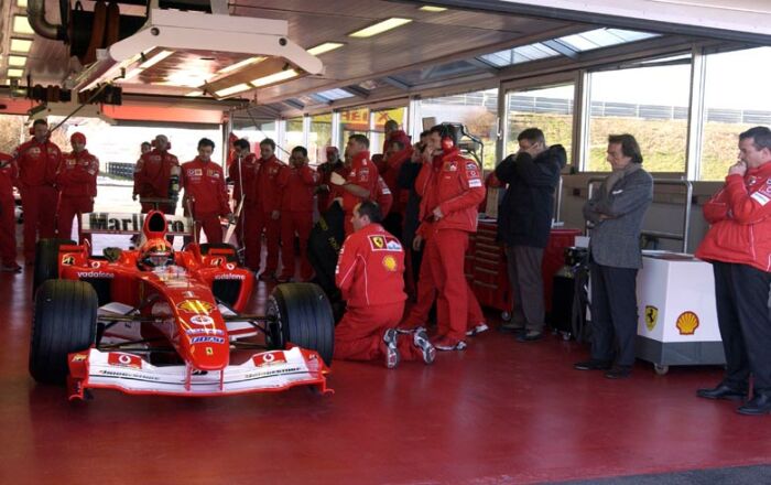 Michael Schumacher gives the new Ferrari F2004 its track debut at Fiorano