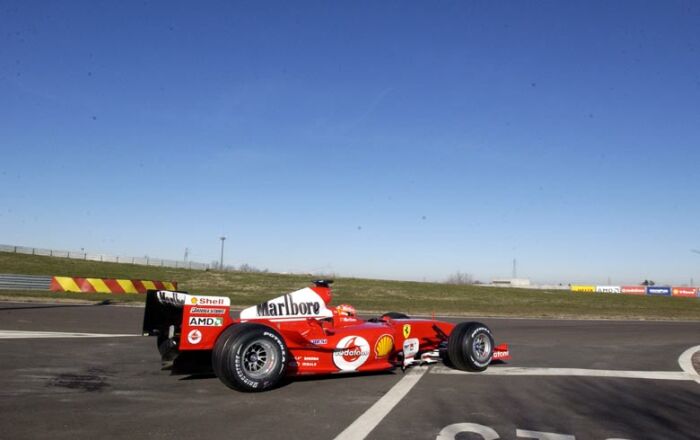 Michael Schumacher gives the new Ferrari F2004 its track debut at Fiorano