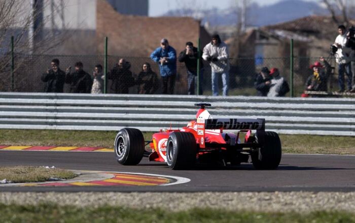 Michael Schumacher gives the new Ferrari F2004 its track debut at Fiorano