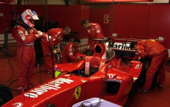 Rubens Barrichello drives the Ferrari F2004 at Mugello for the first time