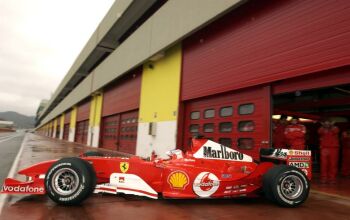 Rubens Barrichello drives the Ferrari F2004 at Mugello for the first time