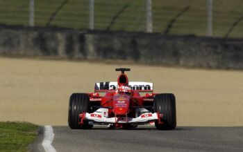 Rubens Barrichello drives the Ferrari F2004 at Mugello for the first time