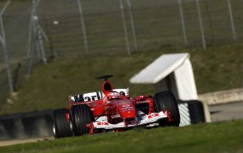 Rubens Barrichello drives the Ferrari F2004 at Mugello for the first time