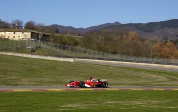 Rubens Barrichello drives the Ferrari F2004 at Mugello for the first time