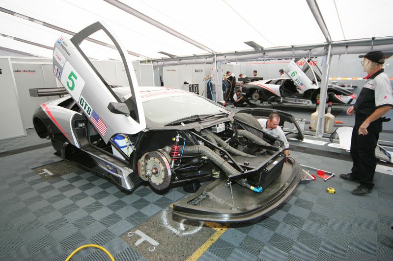 The Krohn-Barbour Racing Lamborghini Murcielago R-GT racers during qualifying at Portland