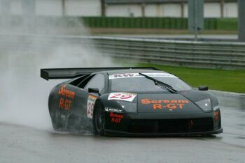 The Lamborghini Murcielago R-GT on its way to fastest time in the rain hit second free practice session