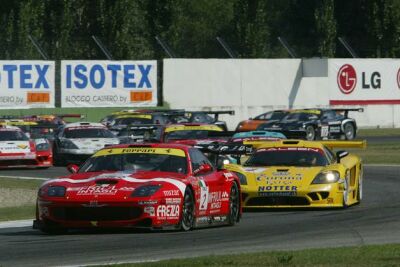 the no 2 BMS Scuderia Italia Ferrari 550 Maranello of Fabrizio Gollin and Luca Cappellari strengthened their position at the top of the table after a strong finish at Imola, the car seen here at the start of the 3 hour race