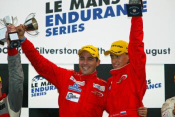 The JMB Racing Ferrari 360 Modena celebrate LMES GT class victory on the podium at Silverstone