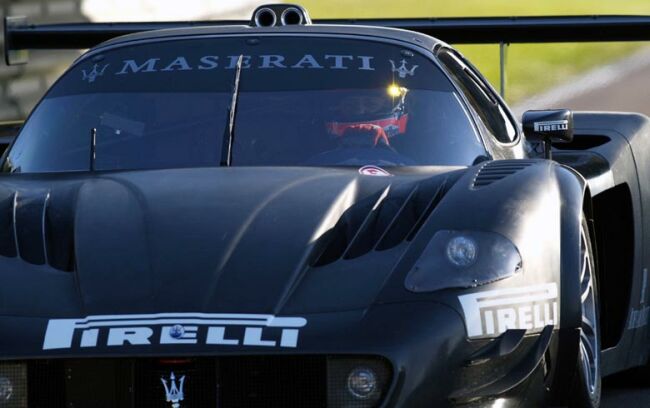 Michael Schumacher at the wheel of the Maserati MC 12 at Fiorano yesterday