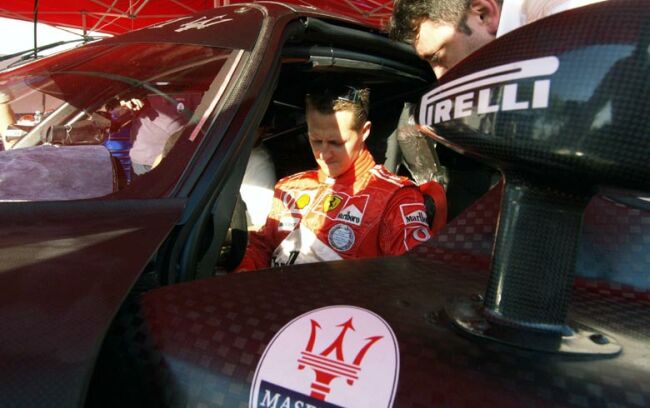 Michael Schumacher at the wheel of the Maserati MC 12 at Fiorano yesterday