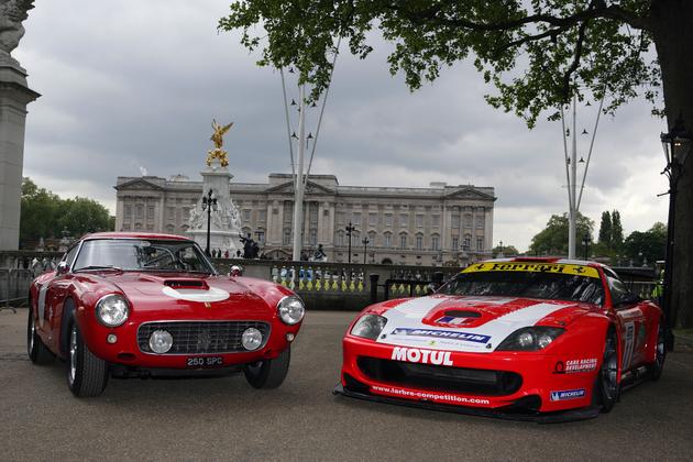 An FIA GT1-class JMB Racing Maserati MC 12 and a Larbre Competitione Ferrari 550 Maranello, joined a number of the other FA GT Championship cars in Central London yesterday