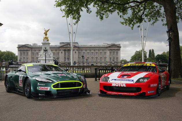 An FIA GT1-class JMB Racing Maserati MC 12 and a Larbre Competitione Ferrari 550 Maranello, joined a number of the other FA GT Championship cars in Central London yesterday