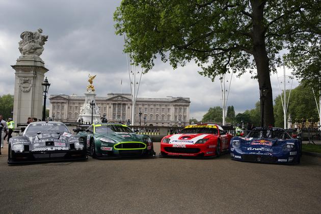 An FIA GT1-class JMB Racing Maserati MC 12 and a Larbre Competitione Ferrari 550 Maranello, joined a number of the other FA GT Championship cars in Central London yesterday