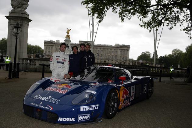 An FIA GT1-class JMB Racing Maserati MC 12 and a Larbre Competitione Ferrari 550 Maranello, joined a number of the other FA GT Championship cars in Central London yesterday