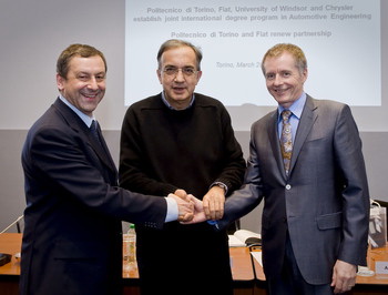 Francesco Profumo, Rector of Politecnico di Torino; Sergio Marchionne, CEO of Fiat S.p.A. and Chrysler Group LLC;, Alan Wildeman, President, University of Windsor, at signing ceremony to launch a joint international degree program in Automotive Engineering today in Turin, Italy.