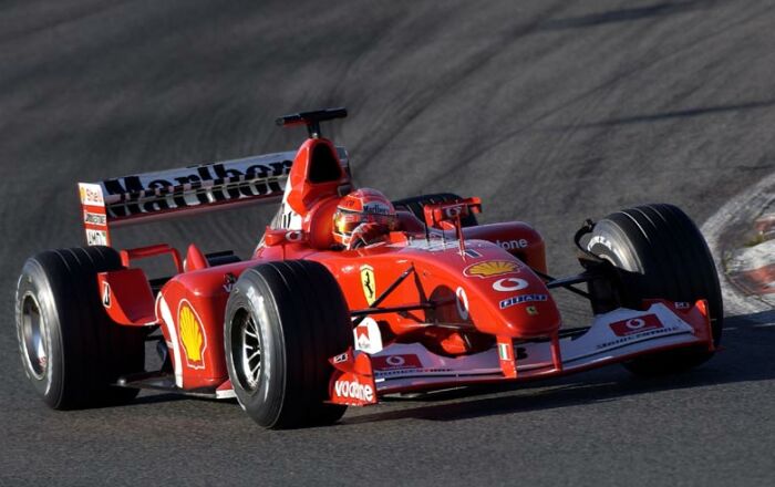 Michael Schumacher at the wheel of a Ferrari F2002 during his first test session of the year at the Circuit de Catalunya near Barcelona