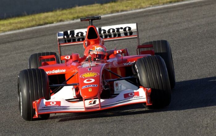 Michael Schumacher at the wheel of a Ferrari F2002 during his first test session of the year at the Circuit de Catalunya near Barcelona