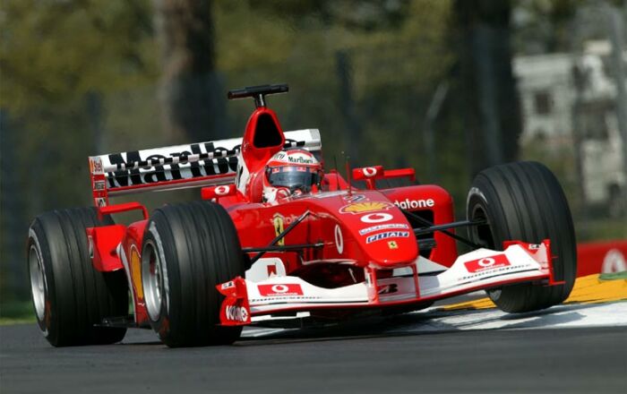 Rubens Barrichello driving his Ferrari F2002 to third place in the 2003 San Marino Grand Prix