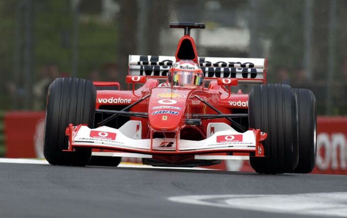 Rubens Barrichello driving his Ferrari F2002 to third place in the 2003 San Marino Grand Prix