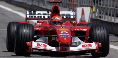 Michael Schumacher on his way to victory in Spain with the new Ferrari F2003-GA