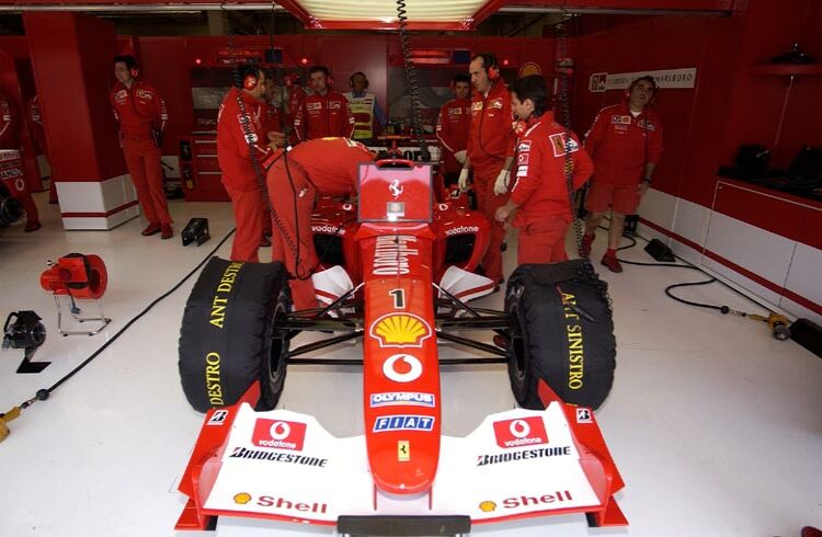 Michael Schumacher's Ferrari F2003-GA is readied for qualifying