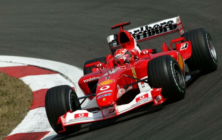 Michael Schumacher in his Ferrari F2003-GA on his way to fifth place in the 2003 European Grand Prix at the Nurburgring