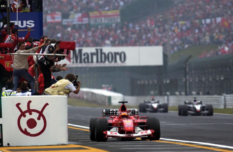 Rubens Barrichello crosses the line to win the 2003 Japanese Grand Prix at Suzuka