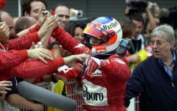 Rubens Barrichello is congratulated on his win in Suzuka