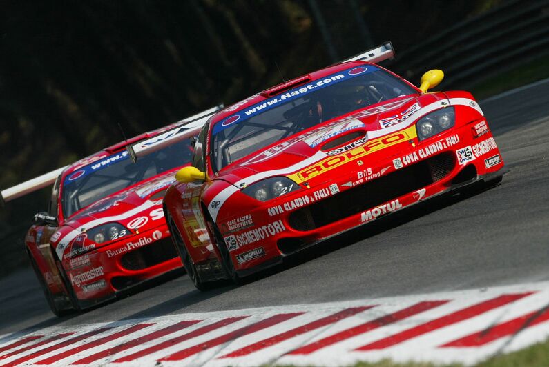 The 21 Ferrari 550 Maranello leads its sister 23 car at Monza