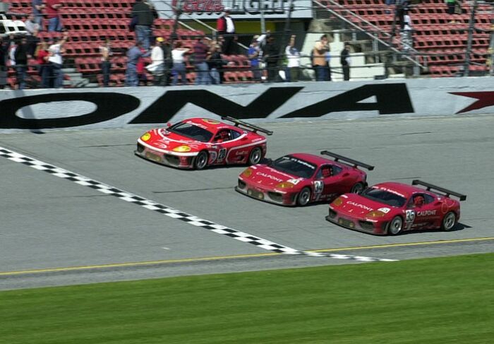 The surviving three Ferrari 360GT cars at the 2003 Daytona 24 Hours cross the finish line together