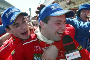 Thomas Biagi and Matteo Bobbi celebrate GT victory today in Barcelona