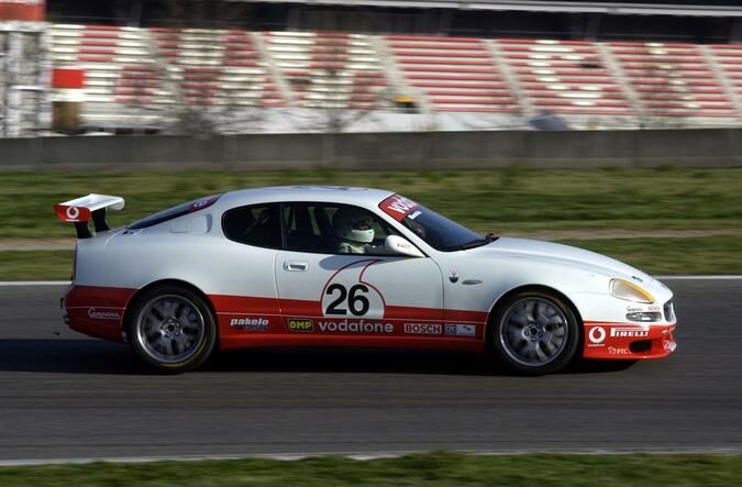 the Mountain-Wilson team on their way to pole position for the Vodafone Maserati Trofeo race in Barcelona