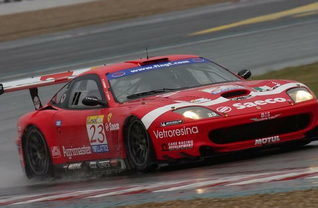 the championship leading Ferrari duo of Thomas Biagi and Matteo Bobbi in the rain at Magny Cours last month