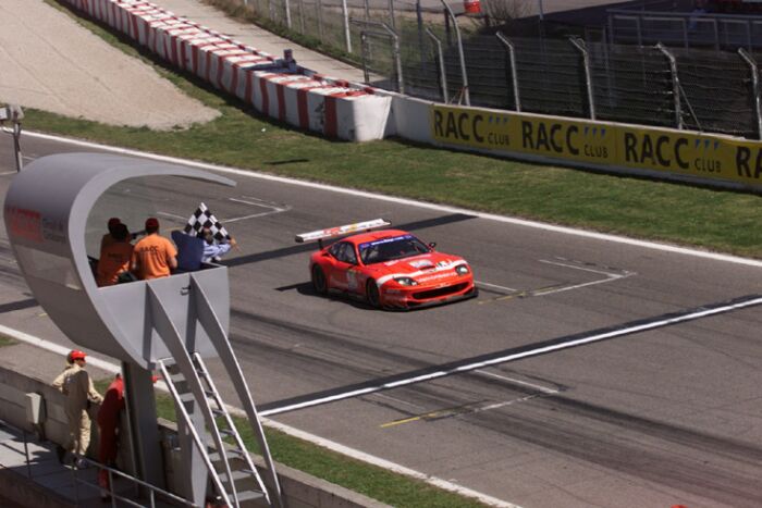 the Care Racing-owned BMS Italia-run Ferrari 550 Maranello on it way to victory in the opening FIA GT Sportscar race of the year at Barcelona