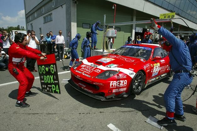 the no22 BMS Scuderia Italia Ferrari 550 Maranello in the pits at Brno