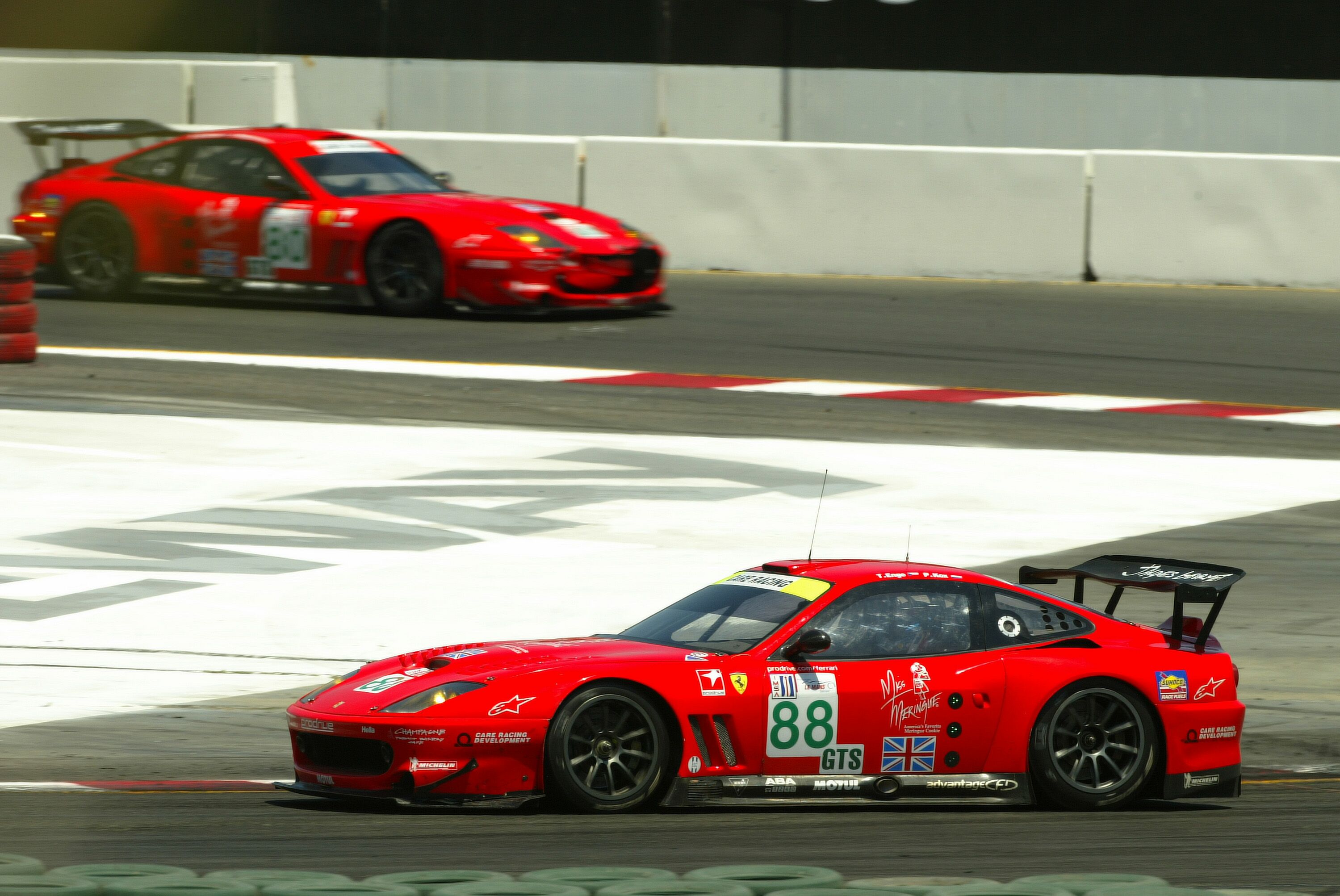 the no80 Prodrive Ferrari 550 Maranello of Tomas Enge and Peter Kox leads its sister car at Sonoma