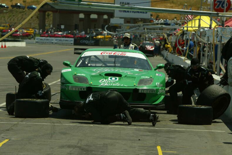 The Team Olive Garden Ferrari 550 Maranello in the pits at Sonoma last weekend. On Sunday they are looking for a repeat of last years strong showing at Trois Rivieres