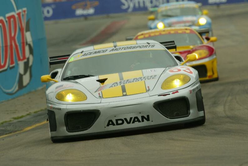 the Lewis/Borcheller GT-class Ferrari 360 Modena leaves the pitlane during qualifying