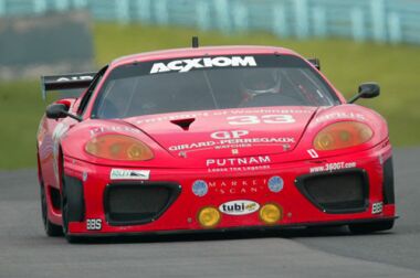 The Scuderia Ferrari of Washington 360 Modena of Cort Wagner and Brent Martini on its way to winning the GT class in the Bully Hills Vineyards 250 at Watkins Glen