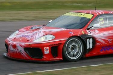 Tim Mullen and Andrew Kirkaldy on their way to second place overall at Thruxton in the Veloqx Motorsports Ferrari 360 Modena