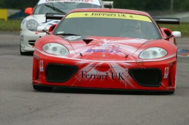 Tim Mullen and Andrew Kirkaldy on their way to second place overall at Thruxton in the Veloqx Motorsports Ferrari 360 Modena