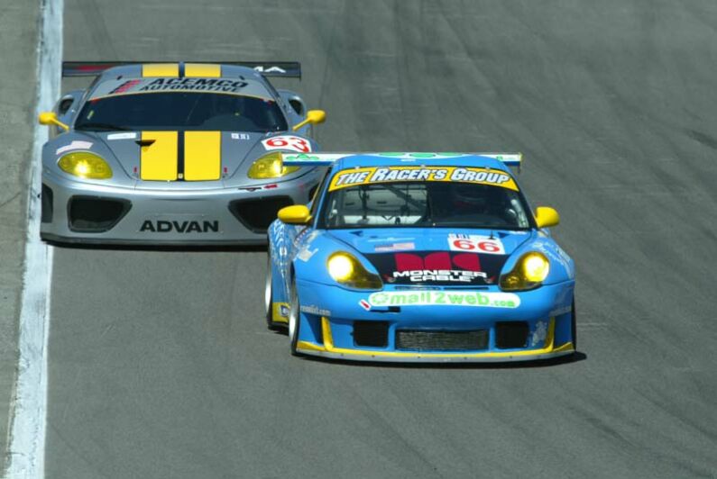 Shane Lewis and Terry Borcheller in the ACEMCO Motorsports Ferrari 360 Modena follow one of the Racers Group Porsche's during qualifying at Monterey