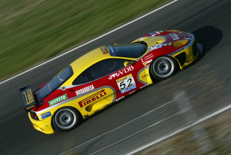 The 52 Bertolini/De Simone JMB Ferrari 360 Modena on its way to N-GT pole position at Oschersleben