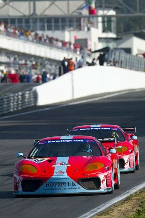 the 88 Team Maranello Concessionaires Ferrari 360 Modena leads its sister 89 car at Estoril yesterday