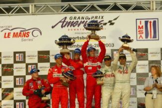 The Prodrive Ferrari drivers celebrate on the podium last time out at Miami